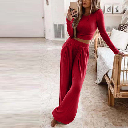 Sleepwear & Loungewear- Ribbed Cotton Loungewear: Long Sleeve Top + Wide Leg Trousers- Red- Pekosa Women Clothing