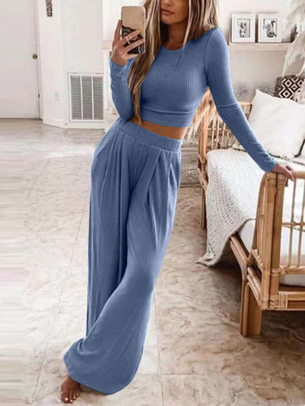 Sleepwear & Loungewear- Ribbed Cotton Loungewear: Long Sleeve Top + Wide Leg Trousers- - Pekosa Women Clothing