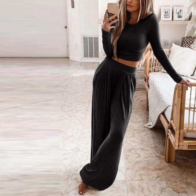 Sleepwear & Loungewear- Ribbed Cotton Loungewear: Long Sleeve Top + Wide Leg Trousers- Black- Pekosa Women Clothing