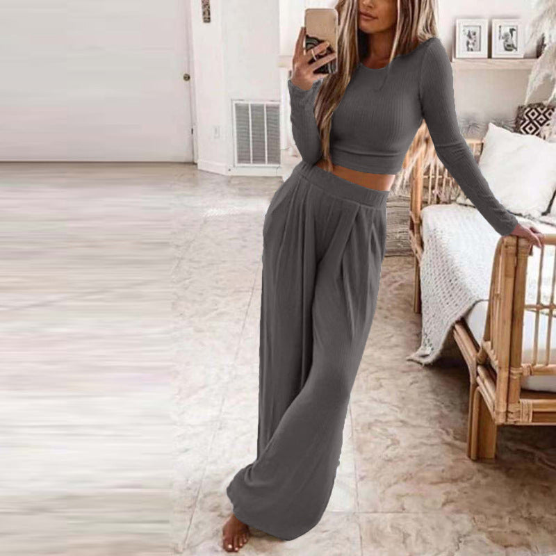 Sleepwear & Loungewear- Ribbed Cotton Loungewear: Long Sleeve Top + Wide Leg Trousers- Charcoal grey- Pekosa Women Clothing