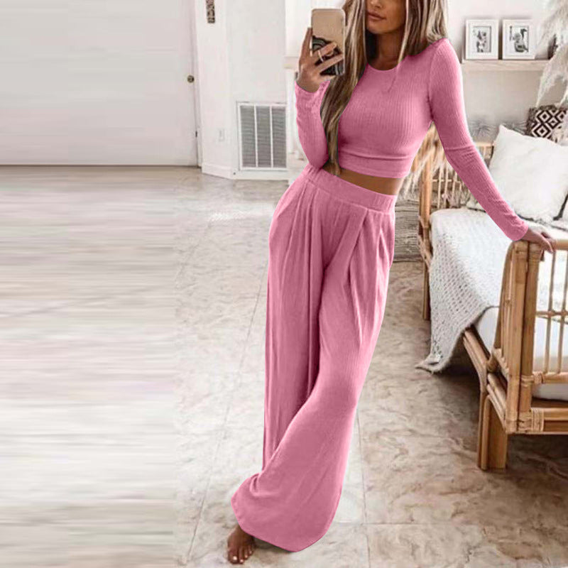 Sleepwear & Loungewear- Ribbed Cotton Loungewear: Long Sleeve Top + Wide Leg Trousers- Pink- Pekosa Women Clothing