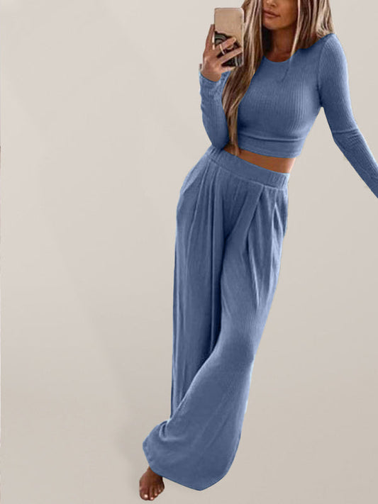 Sleepwear & Loungewear- Ribbed Cotton Loungewear: Long Sleeve Top + Wide Leg Trousers- Blue- Pekosa Women Clothing