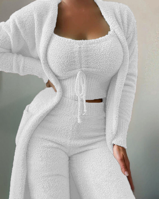 Sleepwear & Loungewear- Snuggle in Style: Fuzzy Tank & Pants & Cardigan- White- Pekosa Women Clothing