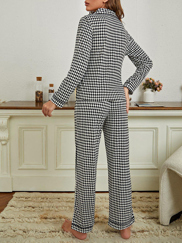 Sleepwear & Loungewear- Women's Plaid Lounge Set: Lapel Collar Shirt + Straight Leg Trousers- - Pekosa Women Clothing