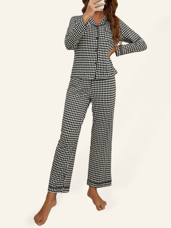 Sleepwear & Loungewear- Women's Plaid Lounge Set: Lapel Collar Shirt + Straight Leg Trousers- Black- Pekosa Women Clothing