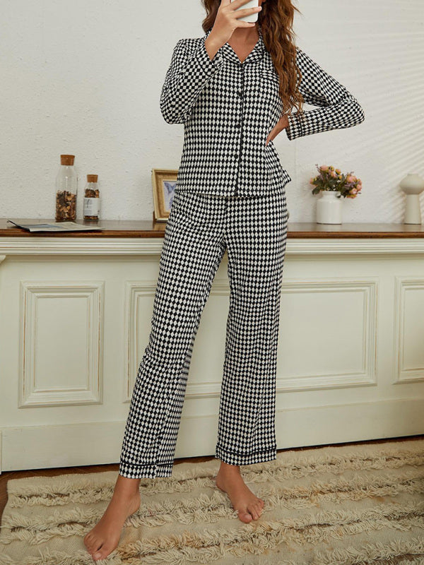 Sleepwear & Loungewear- Women's Plaid Lounge Set: Lapel Collar Shirt + Straight Leg Trousers- - Pekosa Women Clothing