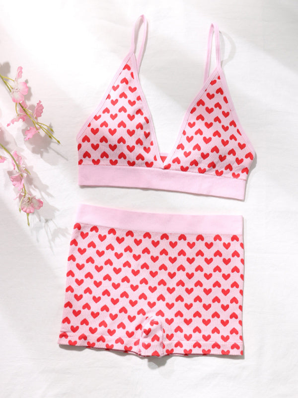 Sleepwear- Love Print 2-Piece Loungewear Set - Sporty Bra and Boyshorts- Red- Pekosa Women Clothing