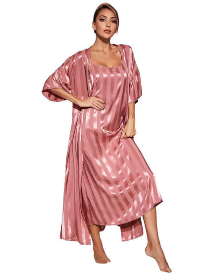 Sleepwear- Satin Striped 2-Piece Pajamas Long Chemise Nightdress with Silk Open Robe- - Pekosa Women Clothing