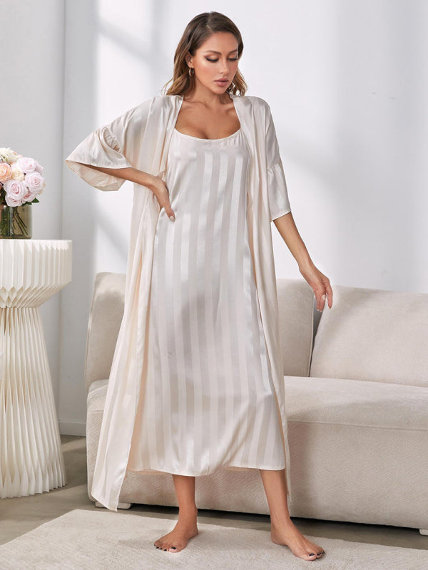 Sleepwear- Satin Striped 2-Piece Pajamas Long Chemise Nightdress with Silk Open Robe- - Pekosa Women Clothing