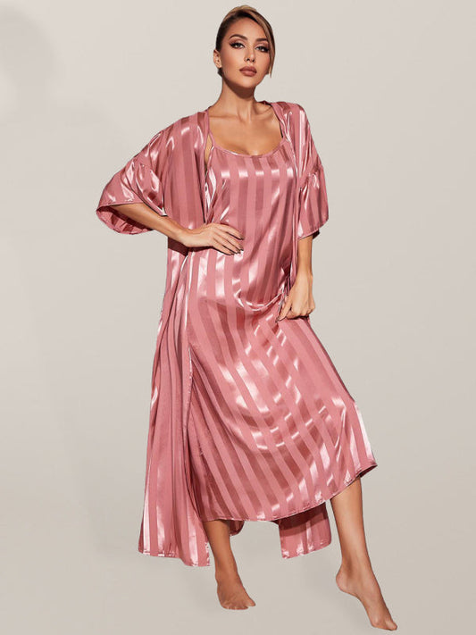 Sleepwear- Satin Striped 2-Piece Pajamas Long Chemise Nightdress with Silk Open Robe- Pink- Pekosa Women Clothing