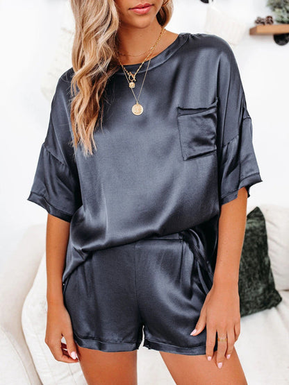 Sleepwear- Silk PJs 2 Piece Oversized Satin Sleepwear with Short Sleeve Top & Shorts- - Pekosa Women Clothing