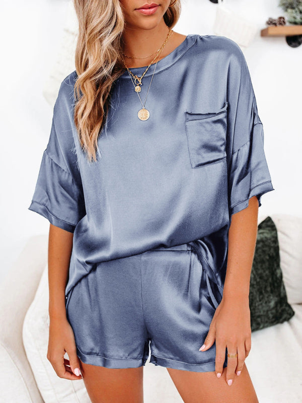 Sleepwear- Silk PJs 2 Piece Oversized Satin Sleepwear with Short Sleeve Top & Shorts- Light blue grey- Pekosa Women Clothing