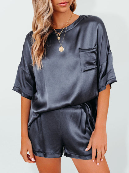 Sleepwear- Silk PJs 2 Piece Oversized Satin Sleepwear with Short Sleeve Top & Shorts- Champlain color- Pekosa Women Clothing