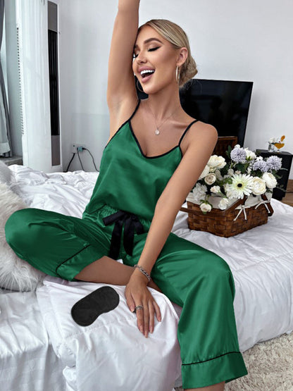 Sleepwear- Silky 2-Piece Satin Pajama Set - Contrast Binding Cami and Pants- Green- Pekosa Women Clothing