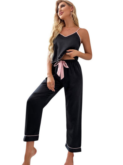 Sleepwear- Silky 2-Piece Satin Pajama Set - Contrast Binding Cami and Pants- - Pekosa Women Clothing