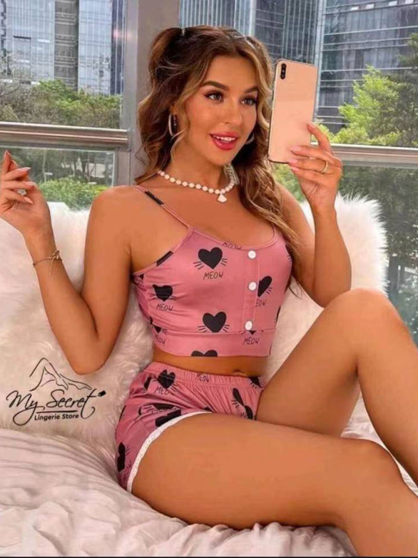 Sleepwear- Sleepwear Love Print Cami Top and Shorts Pajamas- Lotus root Pink- Pekosa Women Clothing