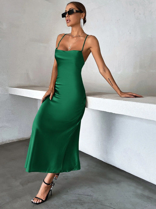 Slip Dresses- Elegant Backless Silky Wedding Guest Evening Slip Dress- Green black jasper- Pekosa Women Clothing