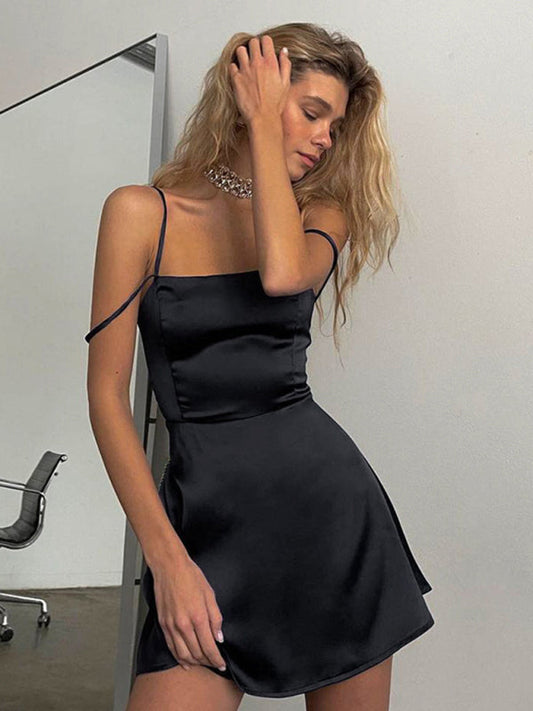 Slip Dresses- Elegant Cocktail A-Line Satin Cami Mini Slip Dress- Black- Pekosa Women Clothing