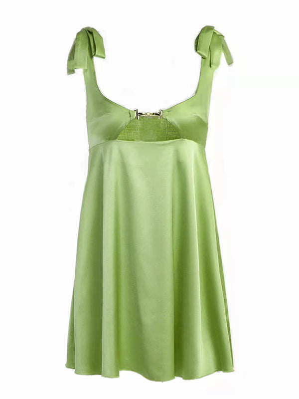 Slip Dresses- Satin Cutout Slip Mini Dress with Tie-Shoulder- Green- Pekosa Women Clothing