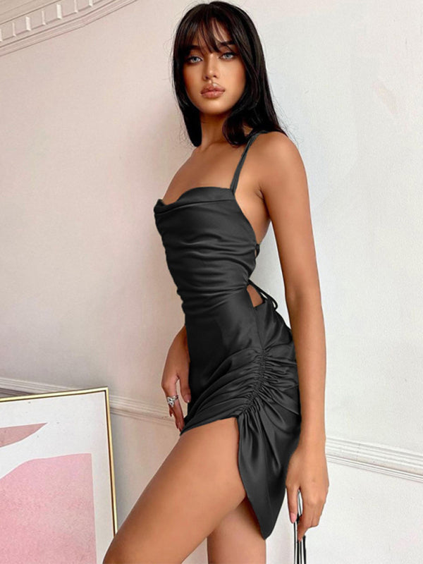 Slip Dresses- Satin Halter Backless Slip Dress with Ruched Sides- Black- Pekosa Women Fashion