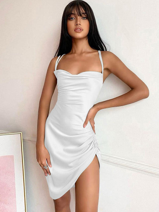 Slip Dresses- Satin Halter Backless Slip Dress with Ruched Sides- White- Pekosa Women Fashion