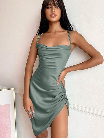 Slip Dresses- Satin Halter Backless Slip Dress with Ruched Sides- Green black jasper- Pekosa Women Fashion