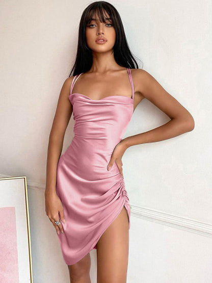 Slip Dresses- Satin Halter Backless Slip Dress with Ruched Sides- Pink- Pekosa Women Fashion