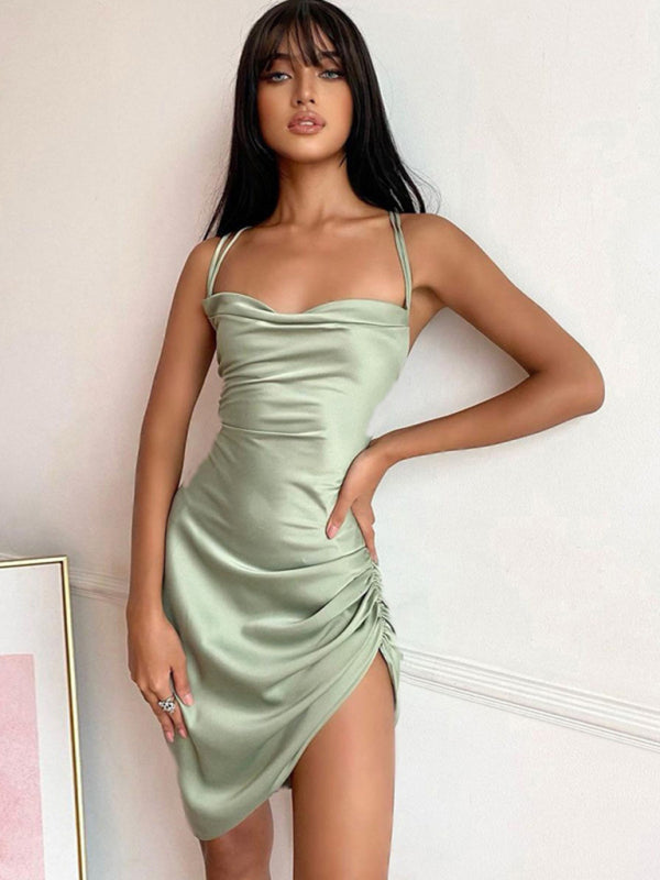 Slip Dresses- Satin Halter Backless Slip Dress with Ruched Sides- - Pekosa Women Fashion