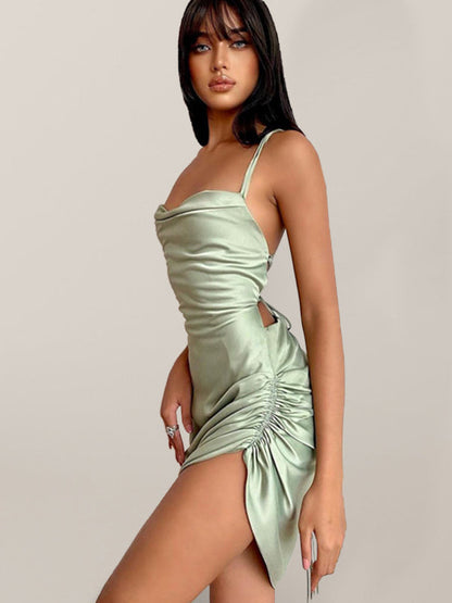 Slip Dresses- Satin Halter Backless Slip Dress with Ruched Sides- Green- Pekosa Women Fashion