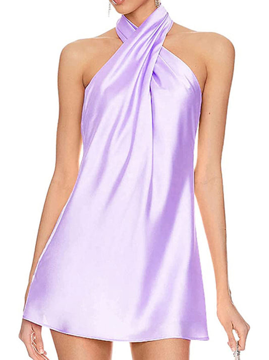 Slip Dresses- Satin Hater Neck Open Back Slip Mini Dress- Purple- Pekosa Women Clothing