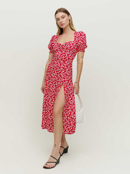 Florals Sweetheart Midi Dress with Puff Sleeves & Thigh Slit