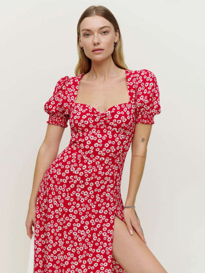 Florals Sweetheart Midi Dress with Puff Sleeves & Thigh Slit