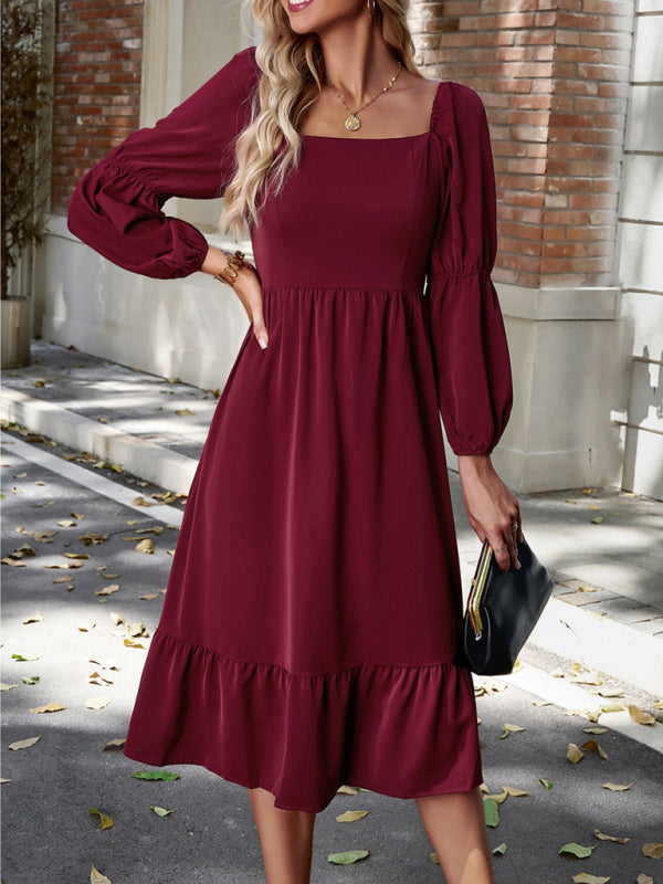 Solid Dresses- Solid Square Neck A-Line Midi Dress with Smocked Back- Wine Red- Pekosa Women Clothing