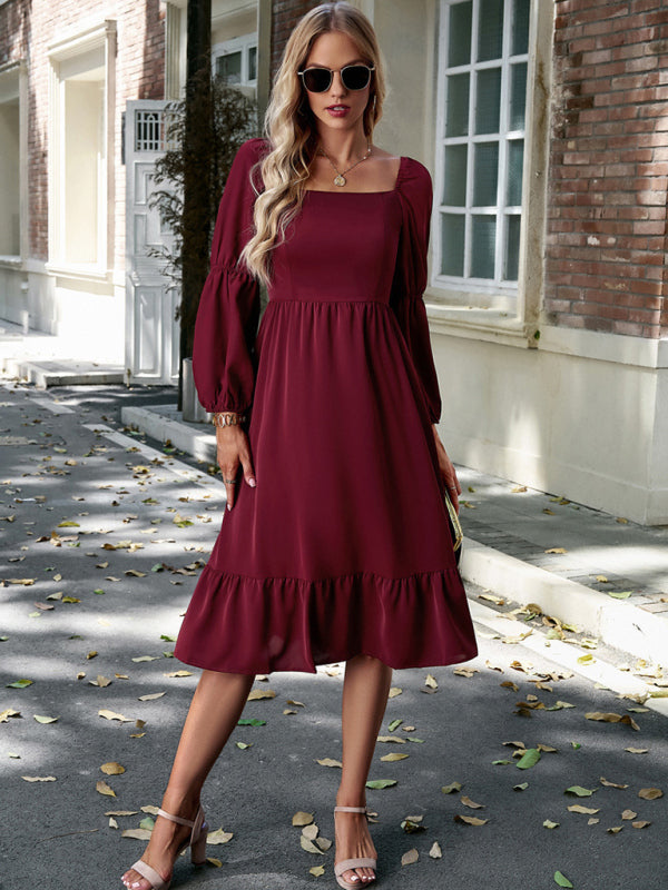 Solid Dresses- Solid Square Neck A-Line Midi Dress with Smocked Back- - Pekosa Women Clothing