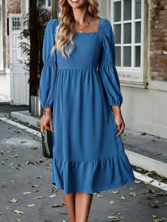 Solid Dresses- Solid Square Neck A-Line Midi Dress with Smocked Back- Blue- Pekosa Women Clothing