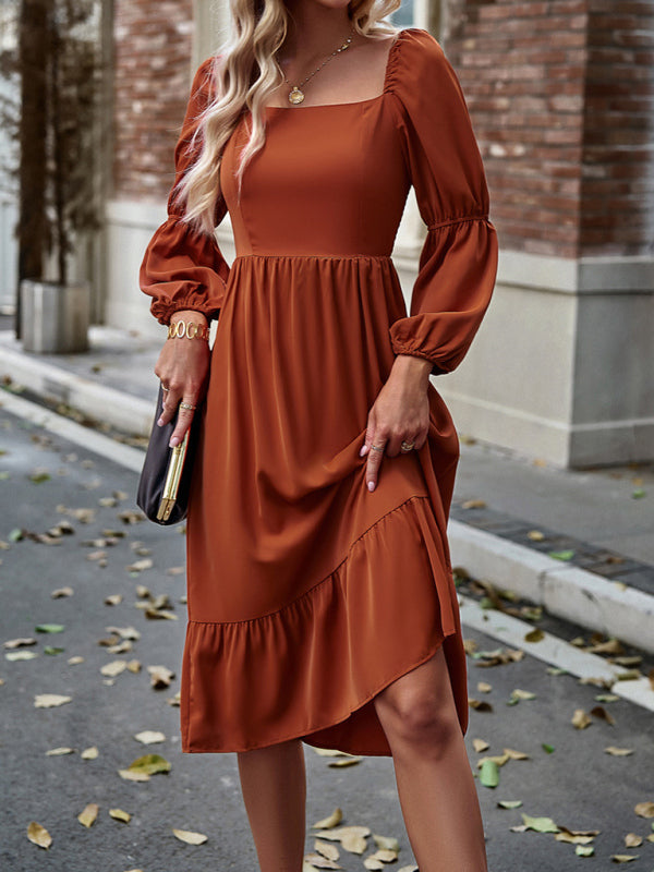 Solid Dresses- Solid Square Neck A-Line Midi Dress with Smocked Back- Orange- Pekosa Women Clothing