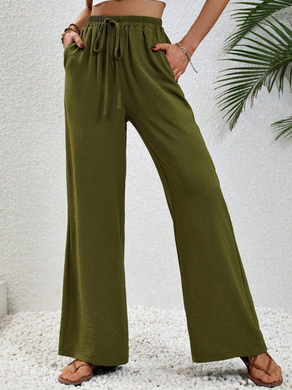 Solid Pants- Solid Elastic Waist Palazzo Pants for Everyday- Olive green- Pekosa Women Clothing