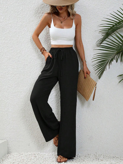 Solid Pants- Solid Elastic Waist Palazzo Pants for Everyday- - Pekosa Women Clothing