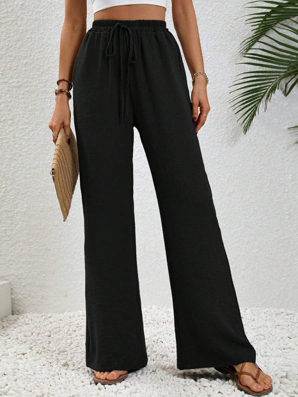 Solid Pants- Solid Elastic Waist Palazzo Pants for Everyday- - Pekosa Women Clothing