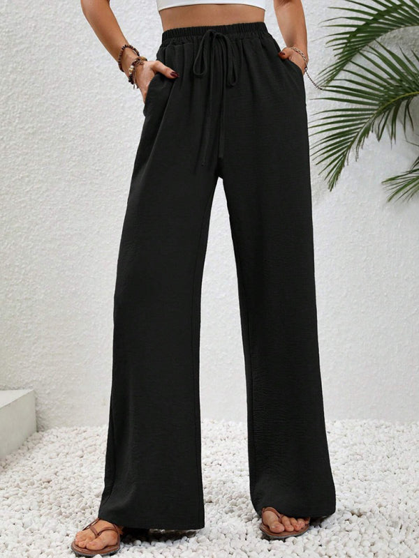 Solid Pants- Solid Elastic Waist Palazzo Pants for Everyday- - Pekosa Women Clothing