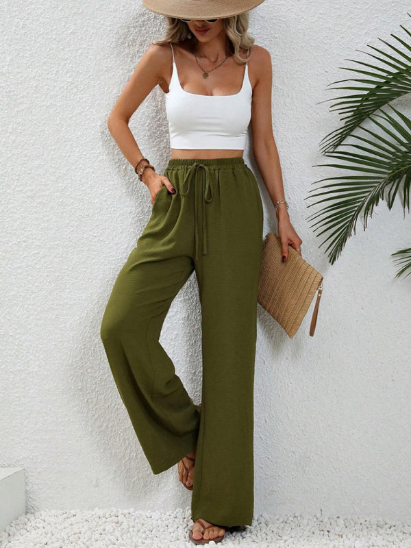 Solid Pants- Solid Elastic Waist Palazzo Pants for Everyday- - Pekosa Women Clothing