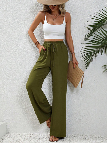 Solid Pants- Solid Elastic Waist Palazzo Pants for Everyday- - Pekosa Women Clothing