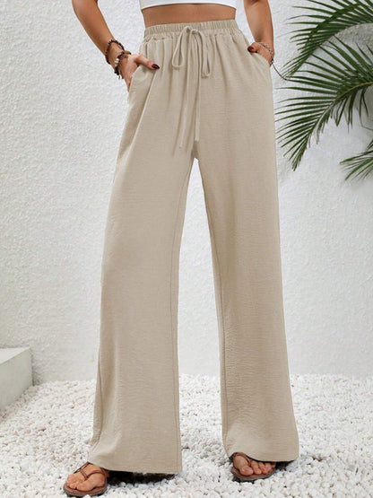 Solid Pants- Solid Elastic Waist Palazzo Pants for Everyday- - Pekosa Women Clothing