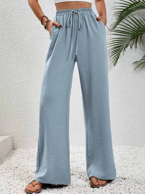 Solid Pants- Solid Elastic Waist Palazzo Pants for Everyday- - Pekosa Women Clothing