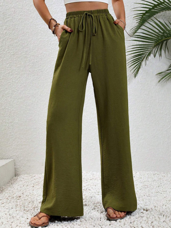 Solid Pants- Solid Elastic Waist Palazzo Pants for Everyday- - Pekosa Women Clothing