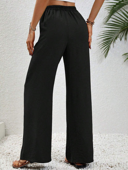 Solid Pants- Solid Elastic Waist Palazzo Pants for Everyday- - Pekosa Women Clothing