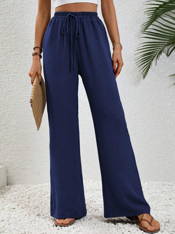 Solid Pants- Solid Elastic Waist Palazzo Pants for Everyday- Purplish blue navy- Pekosa Women Clothing