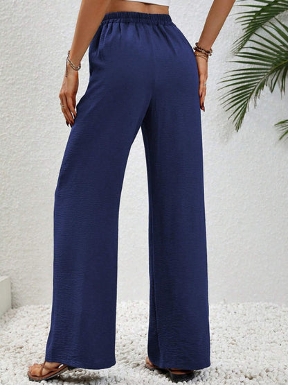 Solid Pants- Solid Elastic Waist Palazzo Pants for Everyday- - Pekosa Women Clothing