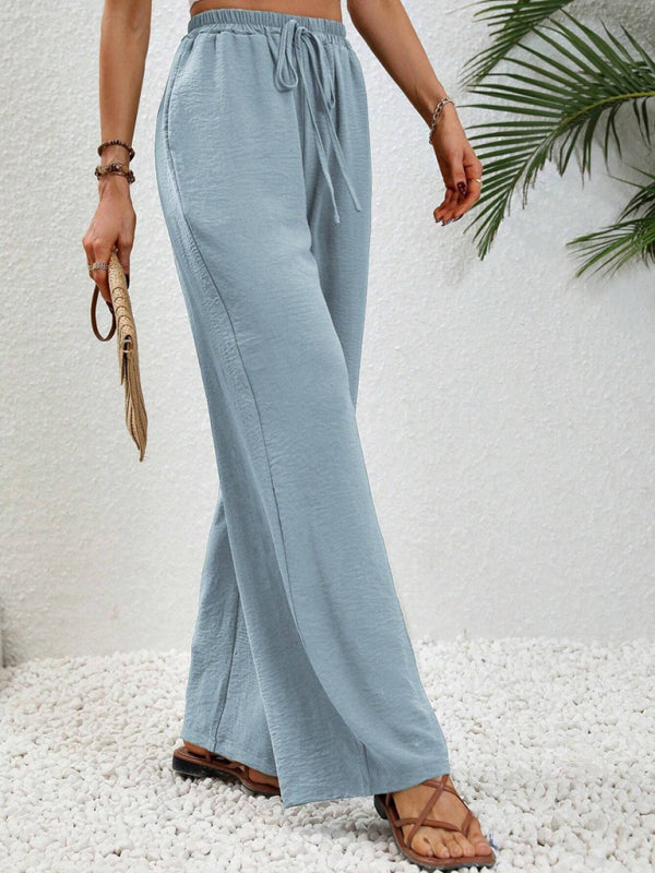 Solid Pants- Solid Elastic Waist Palazzo Pants for Everyday- - Pekosa Women Clothing