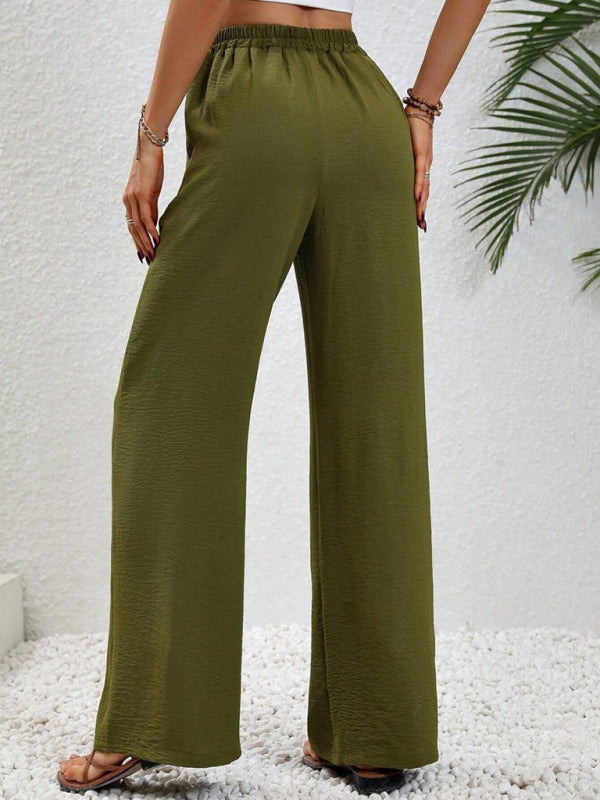 Solid Pants- Solid Elastic Waist Palazzo Pants for Everyday- - Pekosa Women Clothing